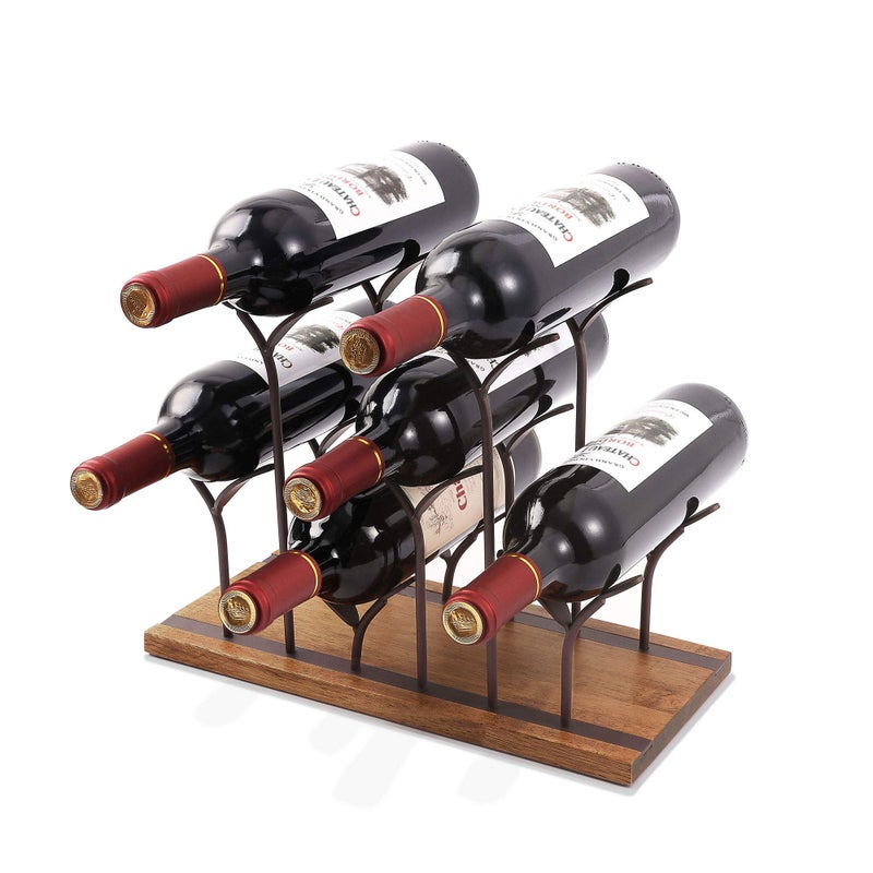 ALLCENER Countertop Bottle Rack, Tabletop Wood Bottle Holder, Hold 6 Bottles, Perfect for Home Decor & Kitchen Storage Rack, Bar, Cellar, Cabinet, Pantry, etc, Wood & Metal (Bronze) - Image 1